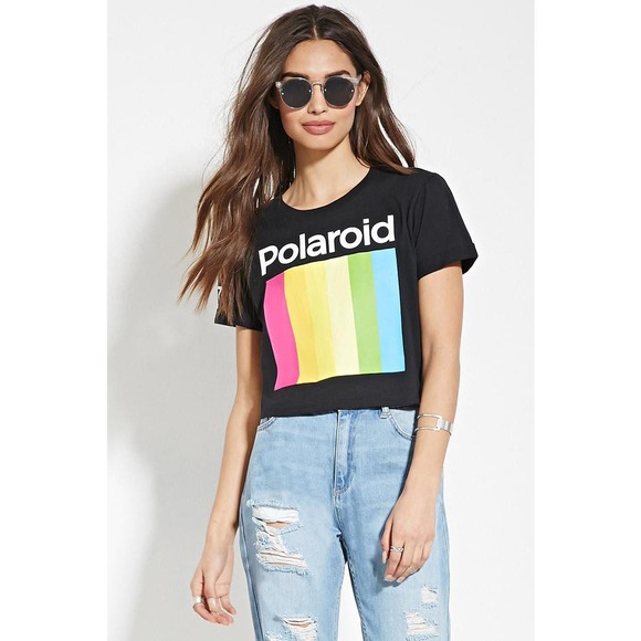 Polaroid Black Cropped Gaphic Tee Crop Top Short Sleeve Women's Size Small - Picture 1 of 6